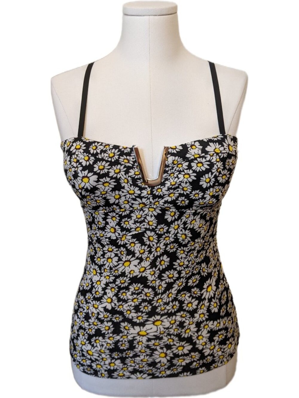 Vintage Y2K Black Daisy Floral Tankini Tank Top V-Neck Gold Accent Retro Beach S